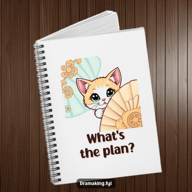 Funny notebook cover featuring a curious cat with wide eyes peeking around an ornate fan, ideal for note-taking.
