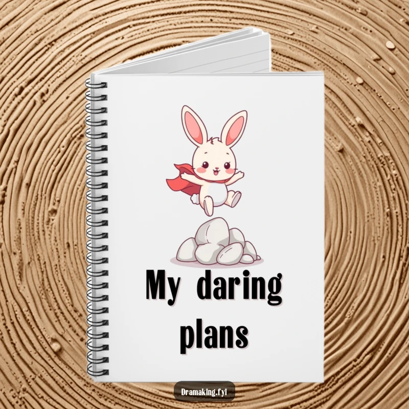 Funny Hero Bunny Notebook, featuring a playful bunny wearing a cape, leaping over imaginary obstacles, perfect for planning.