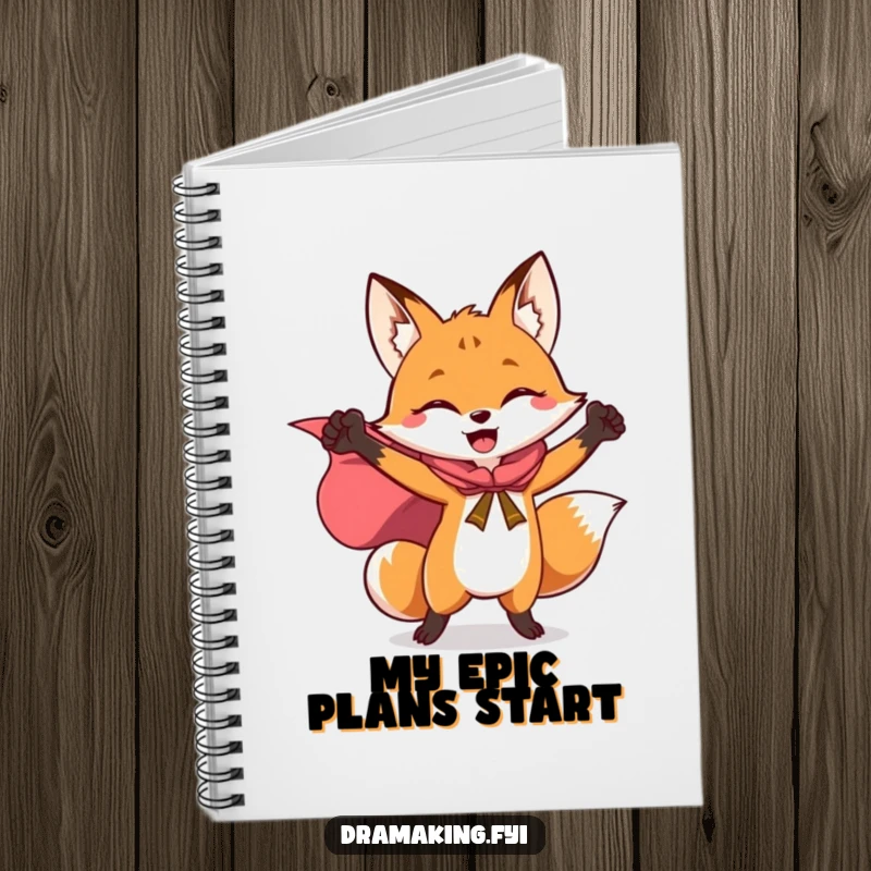 Funny notebook with a fox in a flowing cape striking a triumphant pose, inspiring heroic journaling and planning.