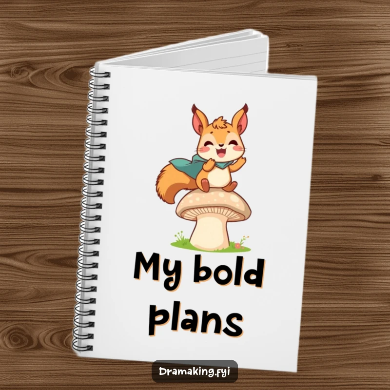Funny notebook cover art of a delighted squirrel with a tiny cape leaping from a mushroom, ready to capture heroic thoughts.