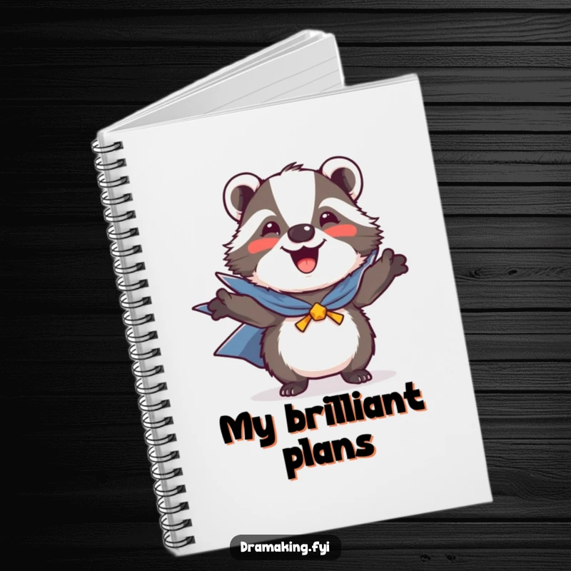 Funny notebook cover showing a joyful badger in a heroic pose, complete with a small cape, ready to write down heroic deeds.