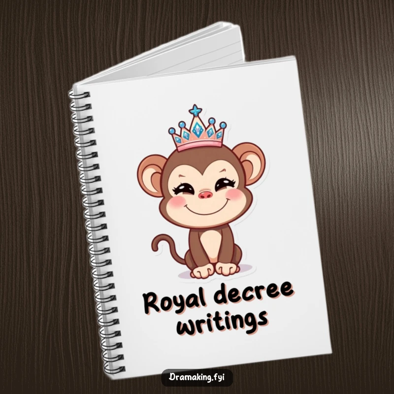 Funny Monkey Tiara Notebook featuring a mischievous monkey with a crown, perfect for jotting down notes with comedic royalty.