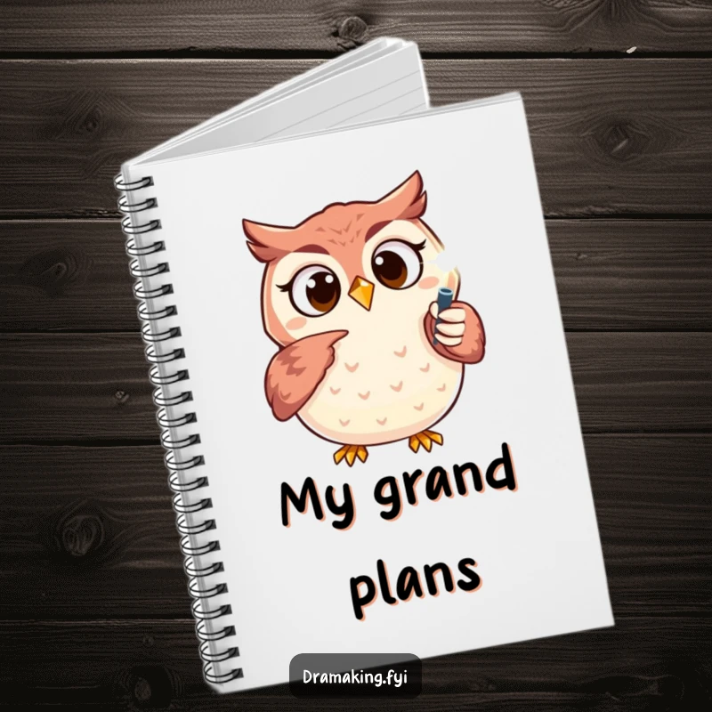 Funny owl notebook with an excited character pointing at a sparkling spotlight, ideal for writing scripts, notes, and ideas.