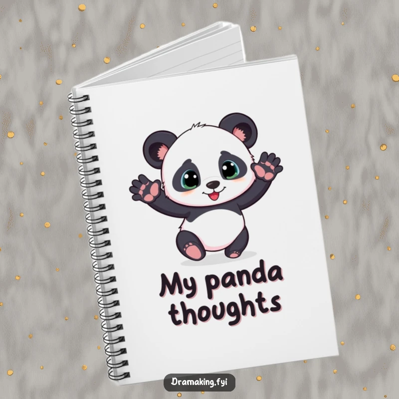 Funny playful panda cub notebook striking a dramatic pose with outstretched paws, perfect for jotting down fun ideas.