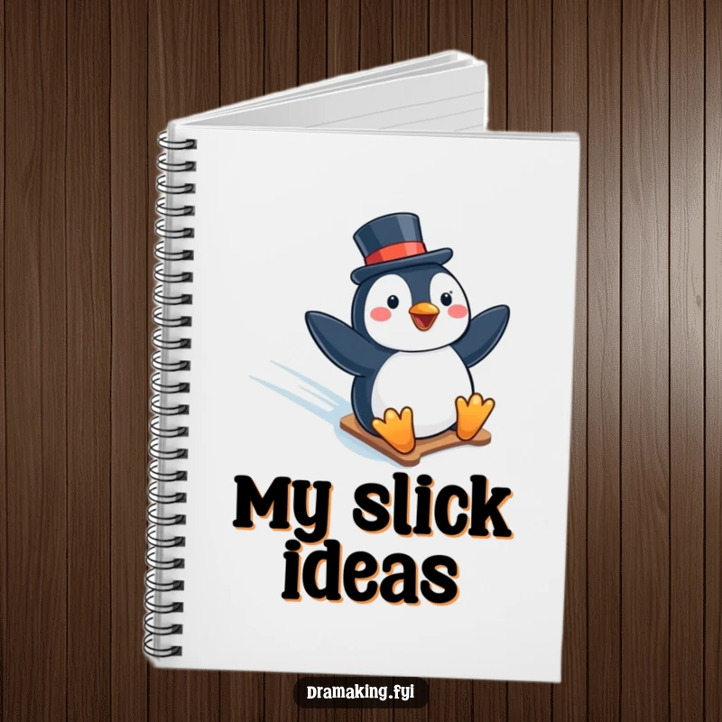 Funny notebook featuring a penguin in a top hat humorously sliding down an icy slope, perfect for capturing funny thoughts and notes.