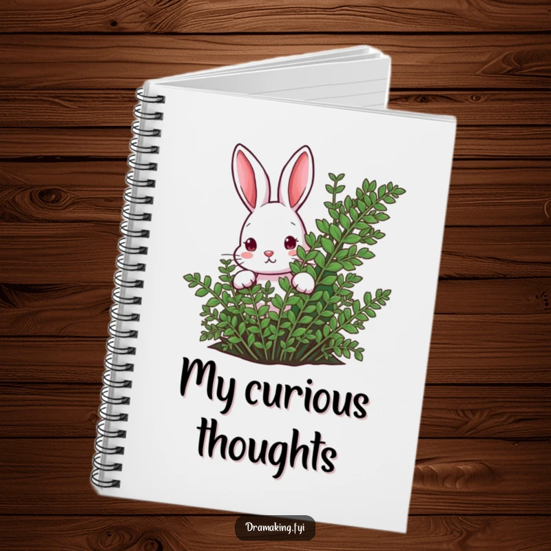 Funny rabbit peeking from behind a lush fern on a notebook, perfect for journaling curious thoughts and nature observations.