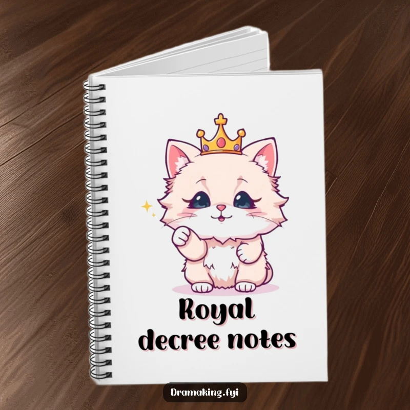 Funny notebook with a fluffy cat wearing a crown, dramatically pointing at a sparkling object, for regal note-taking.