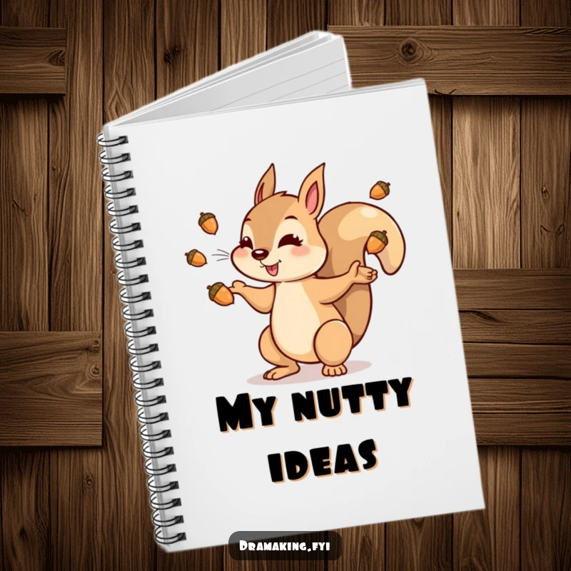 Funny squirrel notebook with a dramatic character tossing shiny acorns into the air, perfect for planning and collecting ideas.