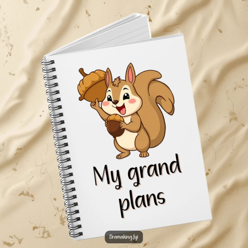 Funny happy squirrel character striking a triumphant pose with a giant acorn, lined notebook, celebratory writing.