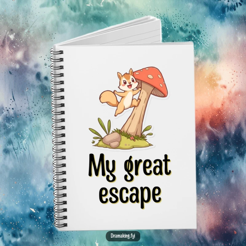 Funny Notebook with a cover displaying an energetic squirrel character leaping from a tall mushroom, designed for capturing creative thoughts humorously.