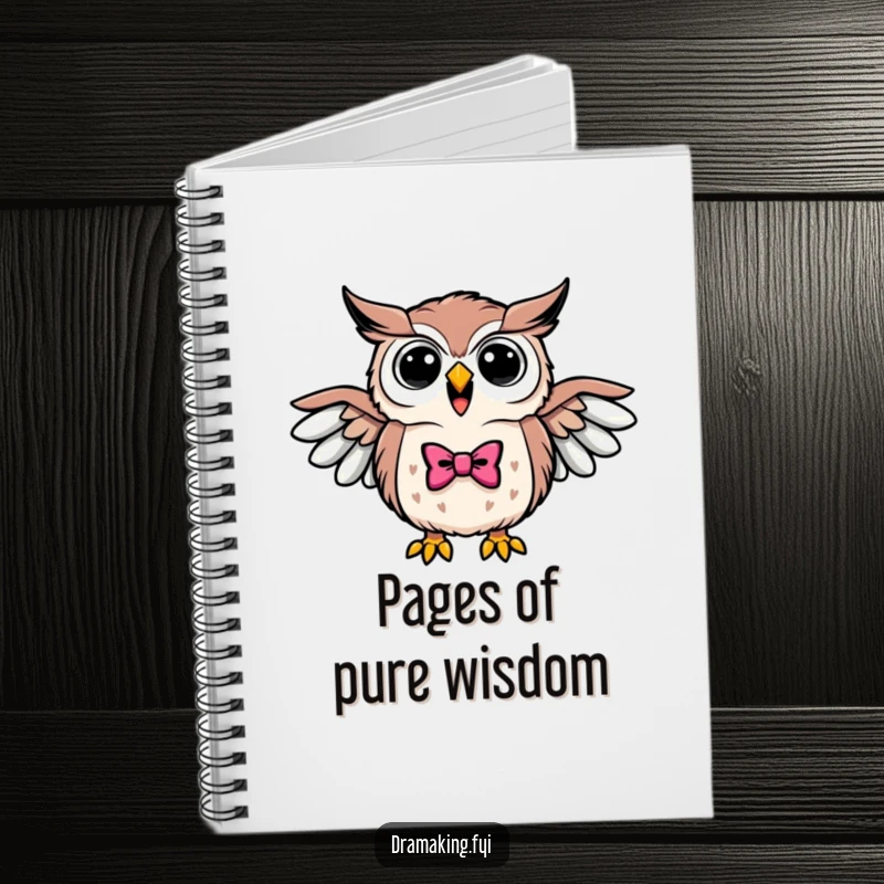 Funny notebook cover with a triumphant owl wearing a bowtie, hooting loudly with wings outstretched, inspiring wise writing.