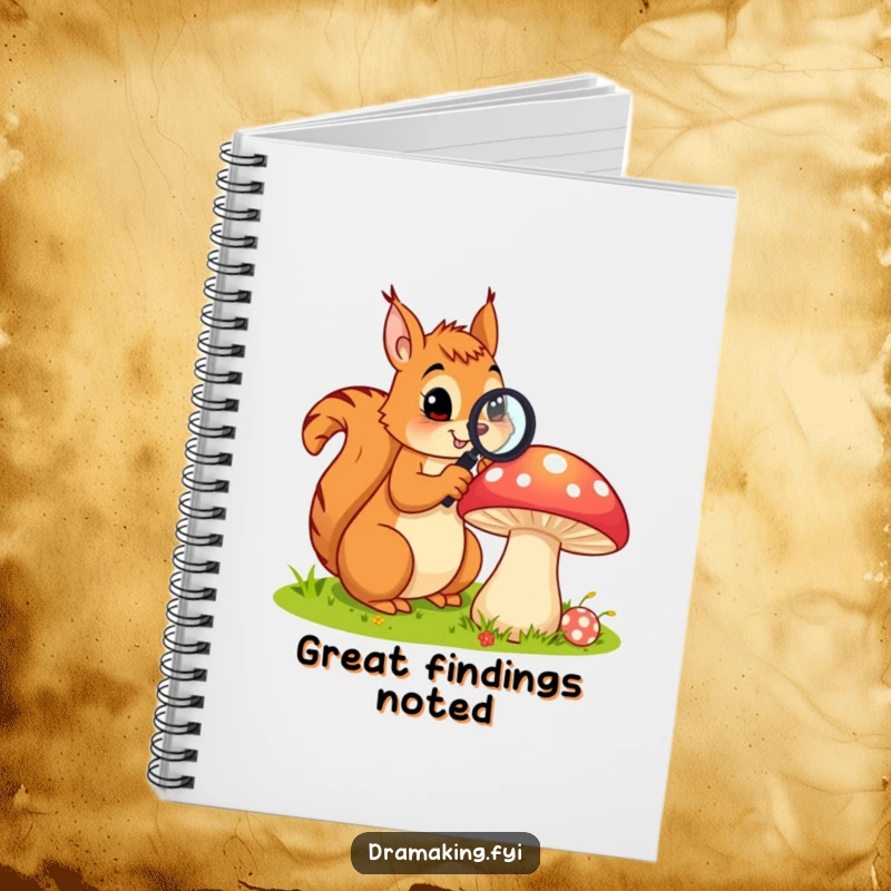 Funny notebook depicting a curious squirrel with a magnifying glass examining a large, colorful mushroom, ideal for jotting nature notes.