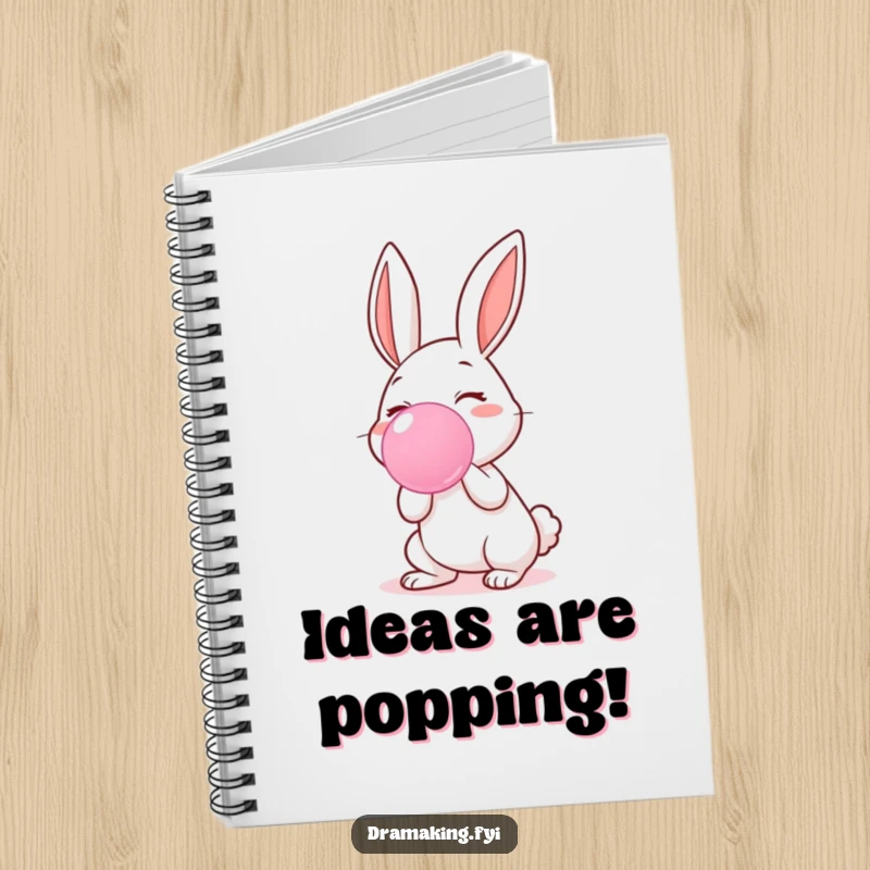 Funny notebook cover featuring a joyful rabbit character blowing a large, iridescent bubblegum bubble, ideal for note-taking.