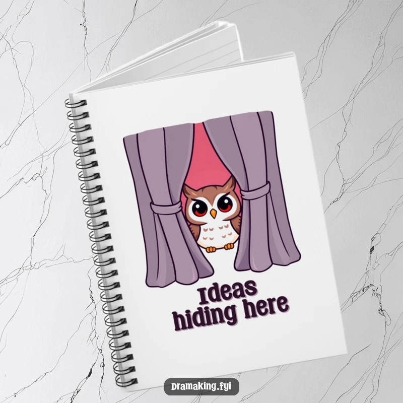 Funny owl character peeking from behind a dramatic curtain, surprised, lined notebook, witty stationery.