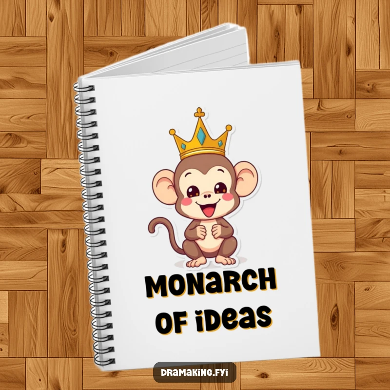 Funny monkey notebook, showing a playful monkey wearing a crown and striking a regal yet silly pose, humorous stationery.