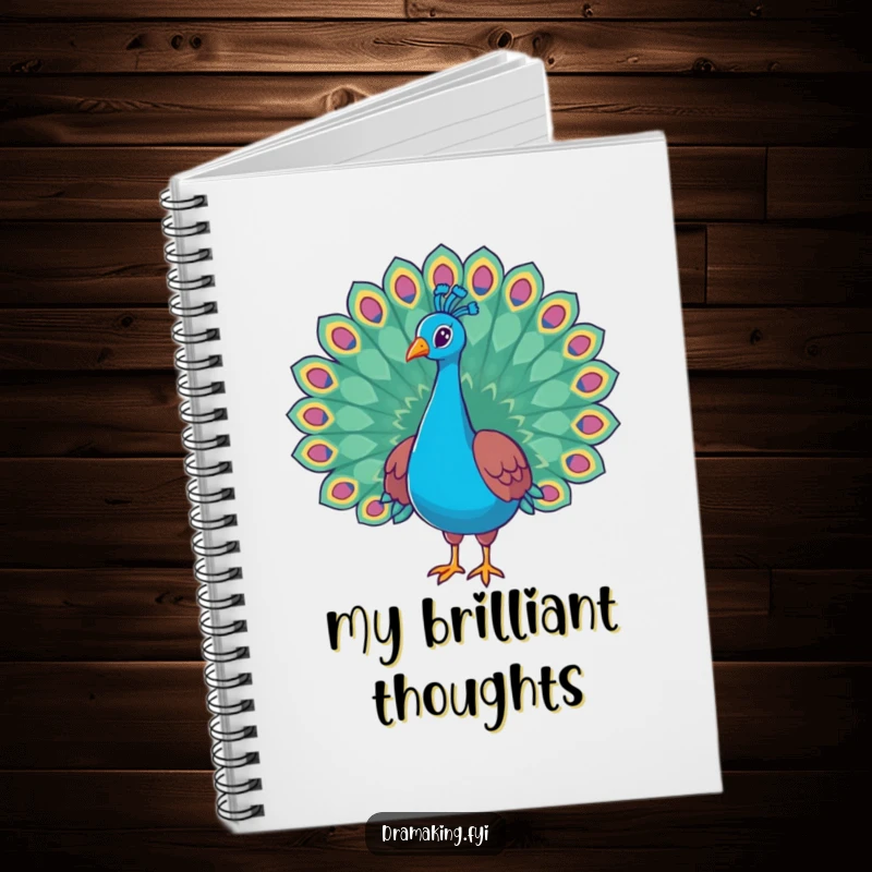 Funny peacock notebook featuring a regal bird with its tail feathers flared wide, inspiring grand thoughts and humorous notes.