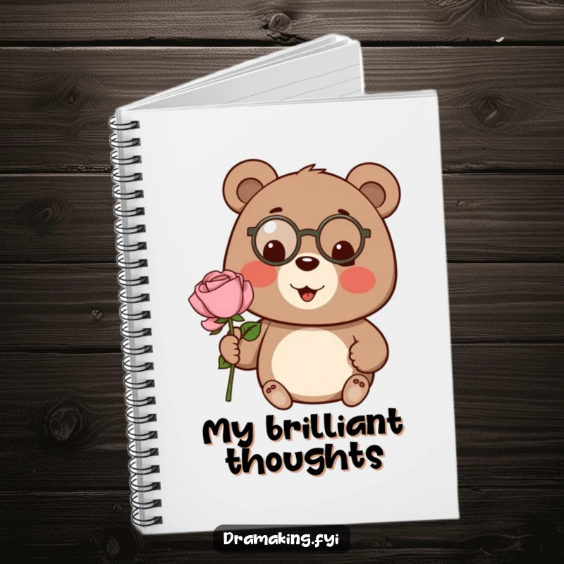 Funny bear notebook, wearing a tiny monocle, presenting a single rose, perfect for notes and refined ideas.