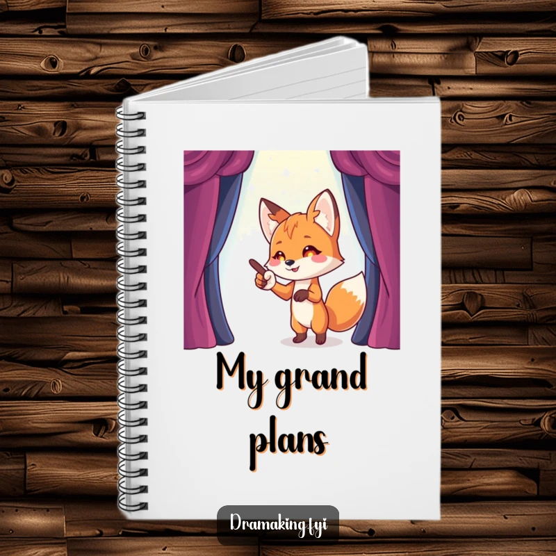 Funny Fox Stage Director Notebook with a playful fox pointing towards a sparkling, imaginary stage, perfect for funny note-taking.