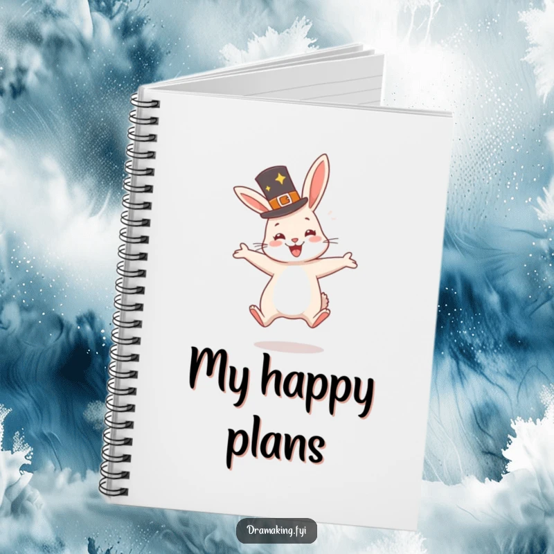 Funny Rabbit Hat Notebook with a very happy rabbit wearing a fancy hat, jumping with glee, perfect for writing.