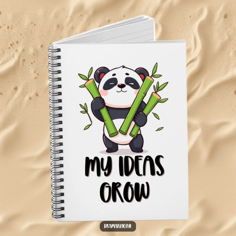 Funny panda notebook, winking panda character, juggling three oversized bamboo shoots, perfect for notes and ideas.