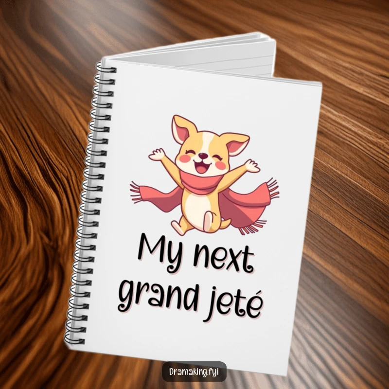 Funny dog ballet notebook featuring a joyful dog in a flamboyant scarf in a mid-air ballet pose, perfect for journaling.