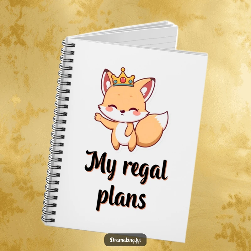 Funny Regal Fox Notebook, featuring a cute fox wearing a crown, striking a dramatic pose, perfect for journaling.