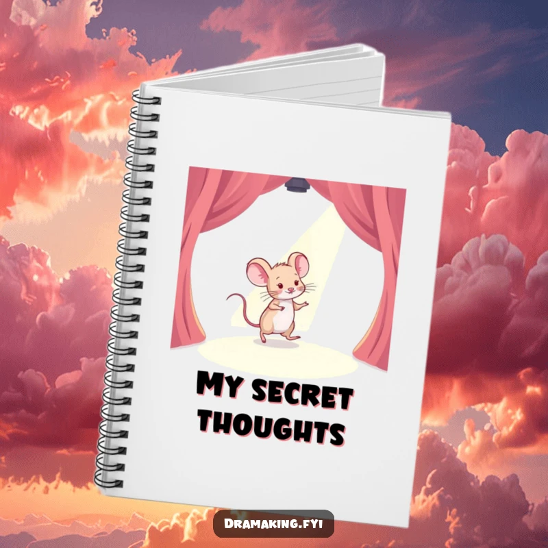 Funny notebook with a timid mouse tiptoeing across a stage with a spotlight shining, perfect for journaling with humor.