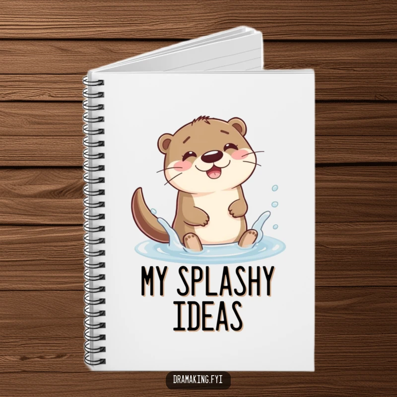 Funny otter character splashing joyfully in a puddle on a notebook, great for journaling happy thoughts and playful ideas.