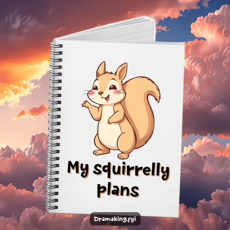 Funny happy squirrel notebook striking a dramatic pose with tail fluffed high, perfect for jotting down fun ideas.