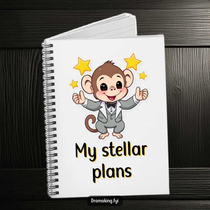 Funny notebook with a monkey in a tuxedo juggling shining stars, perfect for jotting down creative ideas and notes.