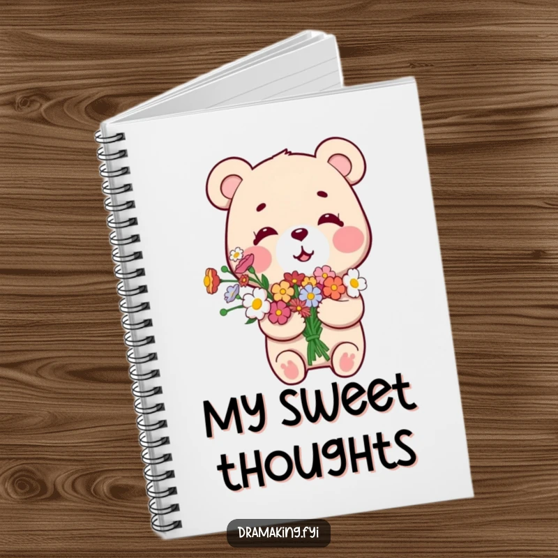 Funny Smug Bear Notebook, featuring a small bear with a bouquet of flowers, looking overly pleased with itself, perfect for notes.