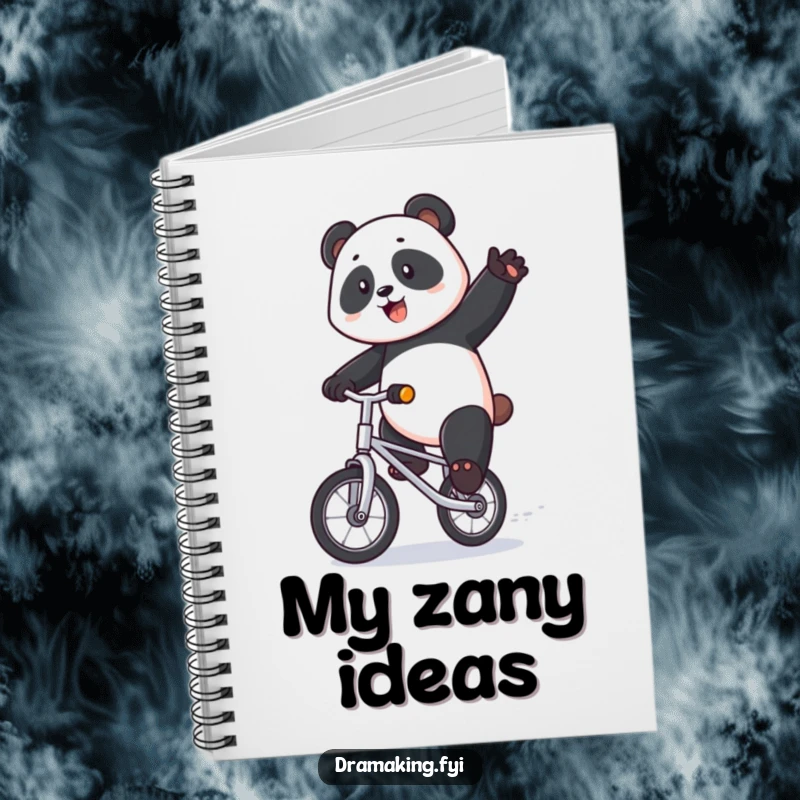 Funny panda notebook featuring a majestic panda riding a tiny unicycle with exaggerated flair, inspiring creative and humorous notes.