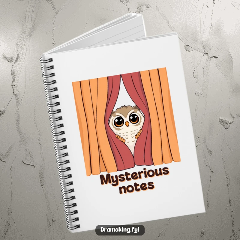 Funny Shy Owl Notebook, featuring a curious owl peeking from behind a dramatic curtain, surprised by attention, perfect for notes.