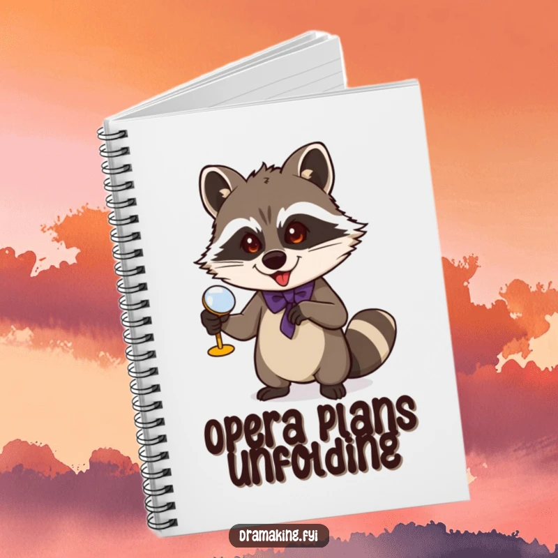 Funny Raccoon Notebook: A mischievous raccoon gestures with opera glasses on the cover, ideal for journaling dramatic thoughts.
