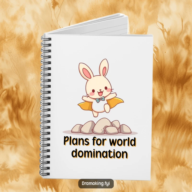 Funny notebook with a playful bunny wearing a cape, leaping over small imaginary obstacles, perfect for notes and plans.