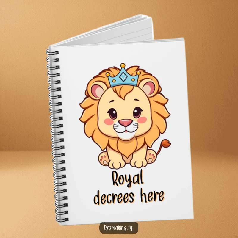 Funny lion cub with a sparkling crown on a notebook cover, inspiring regal thoughts and humor for a gift.