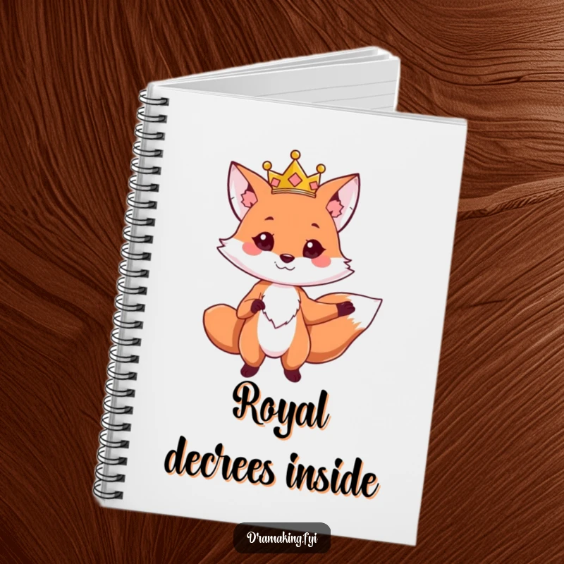 Funny notebook with a cute fox wearing a crown, striking a dramatic regal pose, perfect for notes and plans.