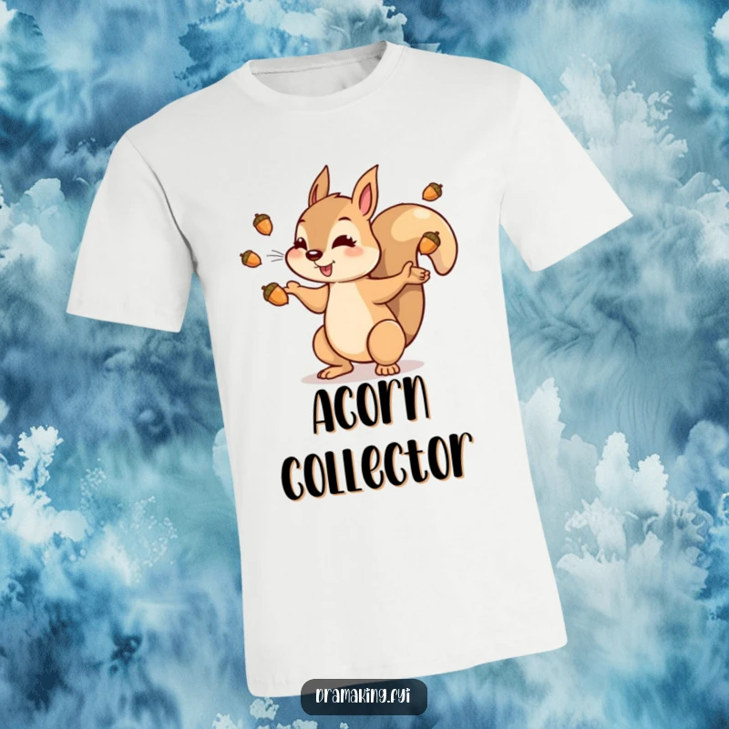 Funny squirrel t-shirt showing a dramatic character tossing a handful of shiny acorns into the air, perfect for collectors.
