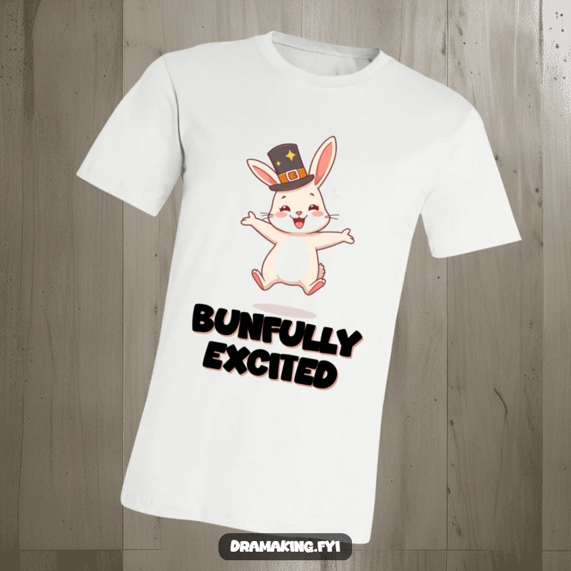 Funny Rabbit Hat T-Shirt featuring a very happy rabbit wearing a fancy hat, jumping with glee, radiating pure happiness.