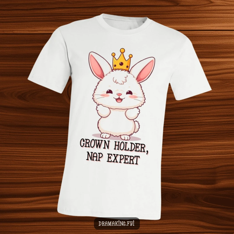 Funny Bunny King T-Shirt with a fluffy bunny character wearing a tiny crown and posing dramatically.