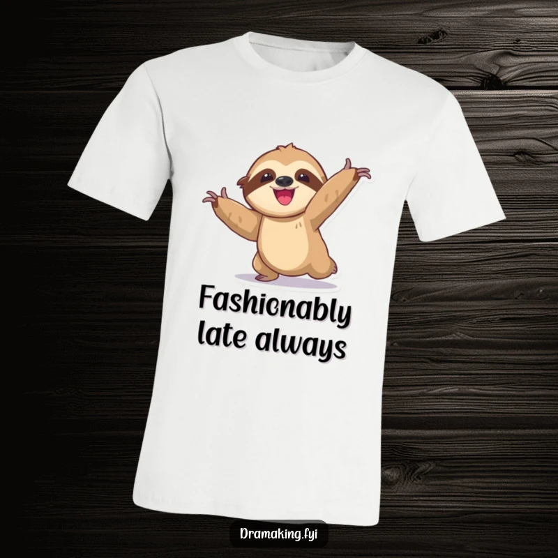 Funny sloth t-shirt showcasing a delighted animal slowly moving into an exaggerated, dramatic pose, perfect for casual wear and humor.