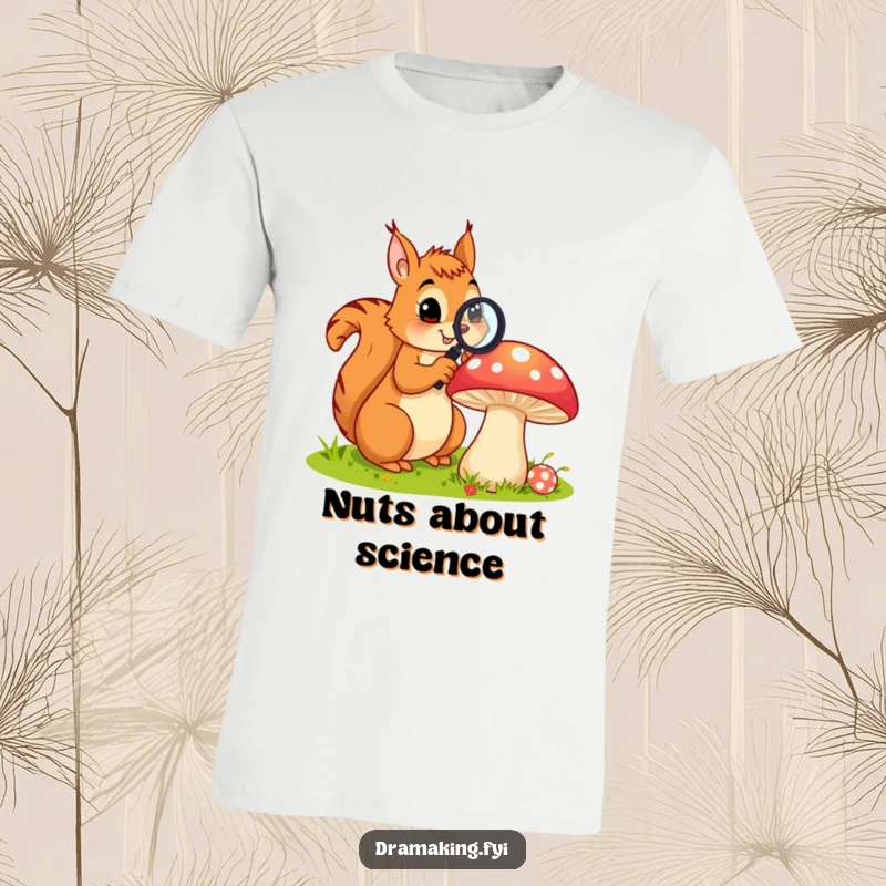 Funny t-shirt depicts a curious squirrel with a magnifying glass intently examining a large, colorful mushroom, showcasing nature's wonders.