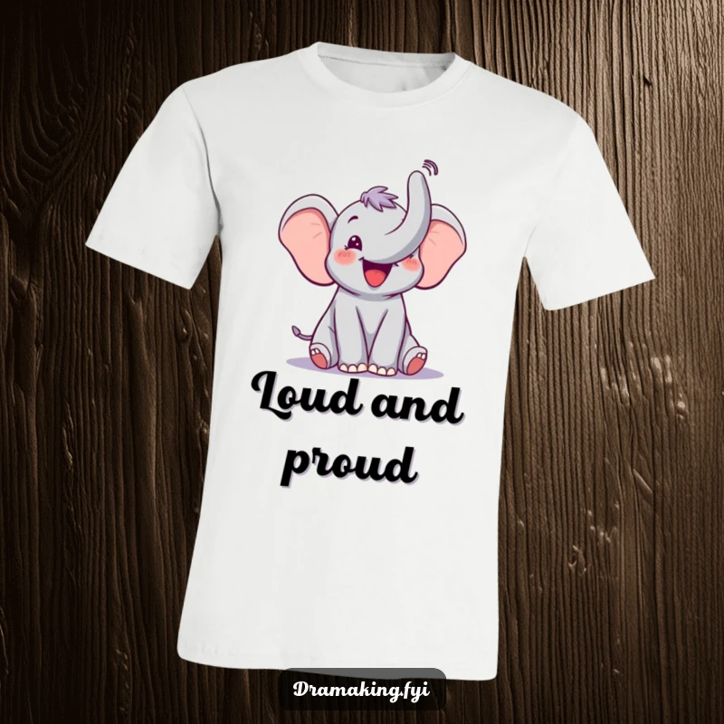 Funny Elephant Trumpet T-Shirt showcasing a joyful elephant trumpeting loudly, embodying pure theatrical happiness and fun.
