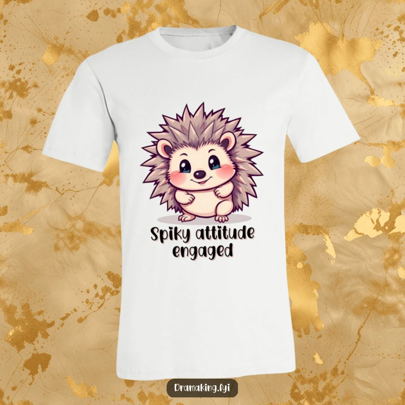 Funny Hedgehog T-Shirt: A curious hedgehog strikes a dramatic pose, spines bristling intensely, embodying fierce and humorous protection.