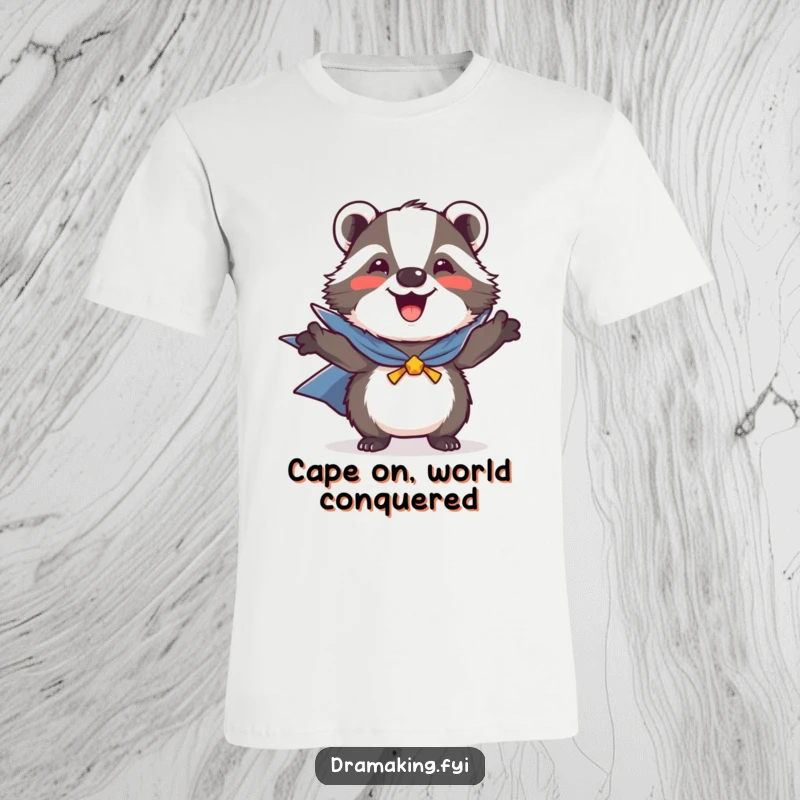 Funny T-Shirt with a joyful badger hero striking a dynamic pose, wearing a small, flowing cape with pure enthusiasm.