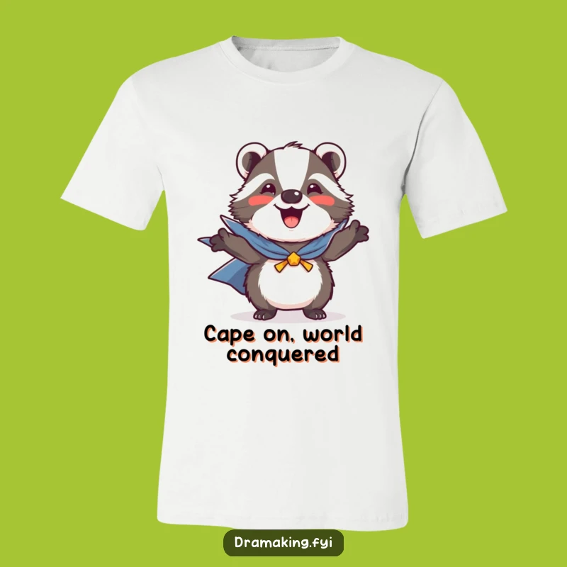 Funny Heroic Badger T-Shirt: Joyful Cape-Wearing Animal for a Laugh