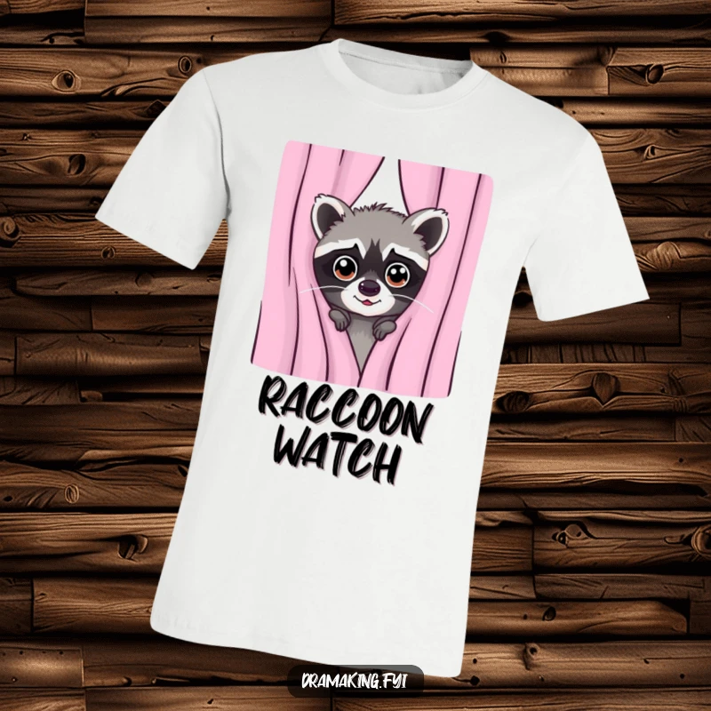 Funny T-shirt design of a mischievous raccoon peeking from behind a curtain with wide, observant eyes, hinting at playful secrets.
