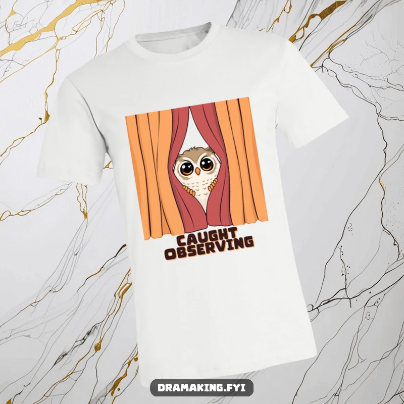 Funny Peeking Owl T-Shirt, showing a curious owl peeking from behind a dramatic curtain, surprised by attention, perfect for introverts.