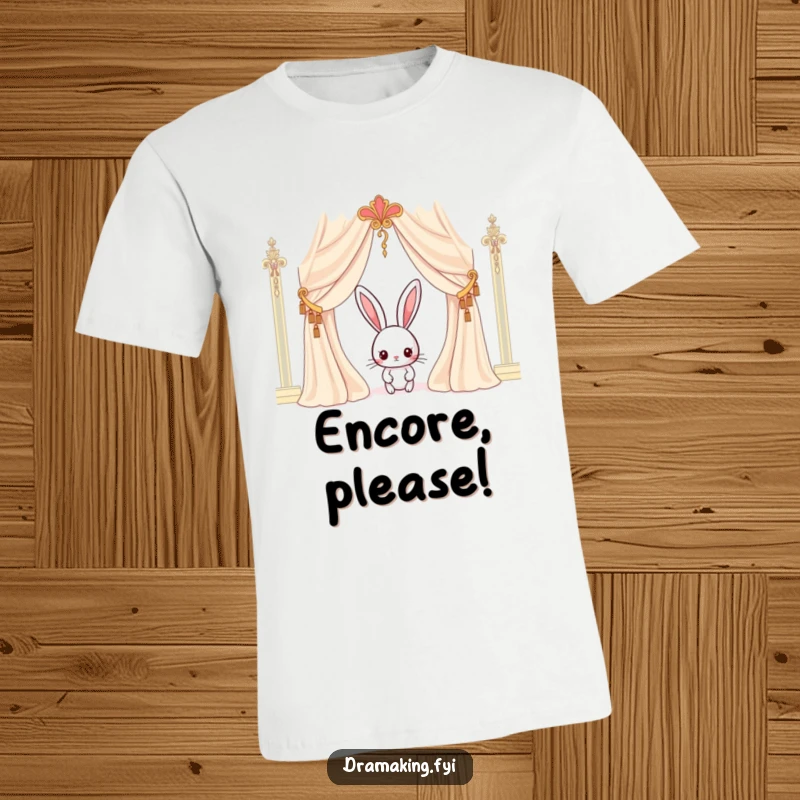 Funny rabbit t-shirt showing a curious character peeking from behind a giant ornate curtain, ready for their debut.