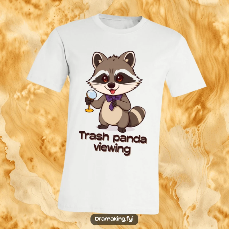 Funny Raccoon Opera T-Shirt: A mischievous raccoon character gestures grandly with tiny opera glasses, perfect for theater enthusiasts.